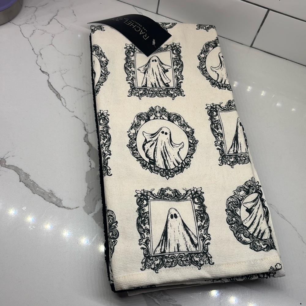RACHEL ZOE HALLOWEEN KITCHEN TOWELS (3) Ghost Mirror Black Cream 20 X 28 COTTON